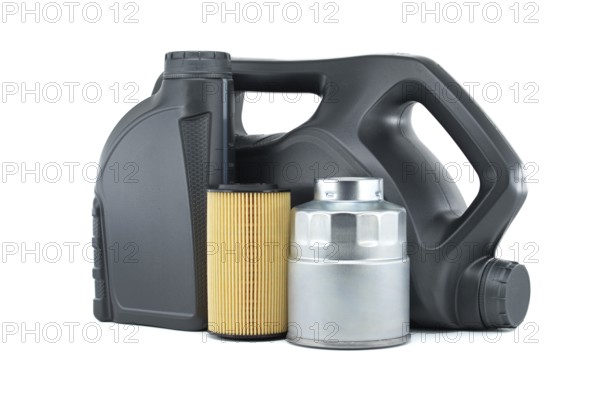 Vehicle engine oil filters and motor oil cans isolated on a white background. Containers, plastic storage or oil and filter replacing maintenance