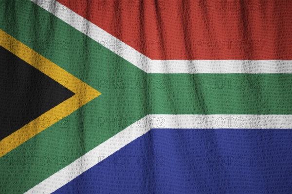 Closeup of Ruffled South Africa Flag, South Africa Flag Blowing in Wind