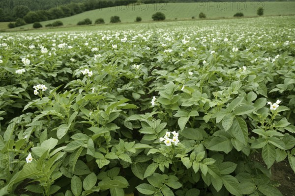 Green potatoes field in flowers on a summer afternoon