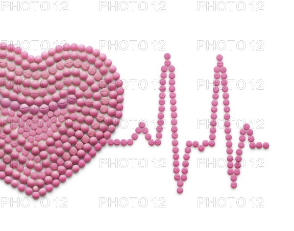 Creative medicine and healthcare concept of drugs and pills, against a white background ECG, a human heart with a heartbeat line