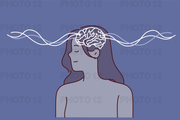 Woman uses telepathy or telekinesis, posing with waves spreading from brain to exchange information remotely. Concept specific capabilities of human brain due to high intellectual abilities
