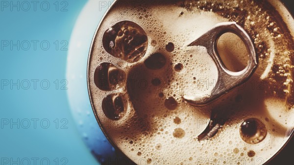 Frothing beer, cola or energy drink from open can, top view, copy space