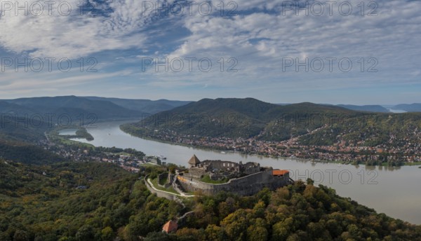 Visegrad, Hungary, 6 October, 2022: panorama landscape of the Danube Bend in Visegrad with the historic Visegrad Castle on the hilltop, Europe