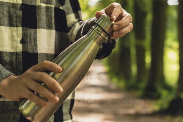 Close-up of Unrecognizable female hand holding Water bottle. Reusable steel thermo water bottle in park. Sustainable lifestyle. Plastic free zero waste free living. Go green Environment protection. Woman drinking water in park