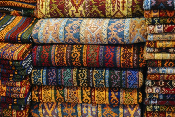 Traditional Turkish rug textile with patterns in bazaar