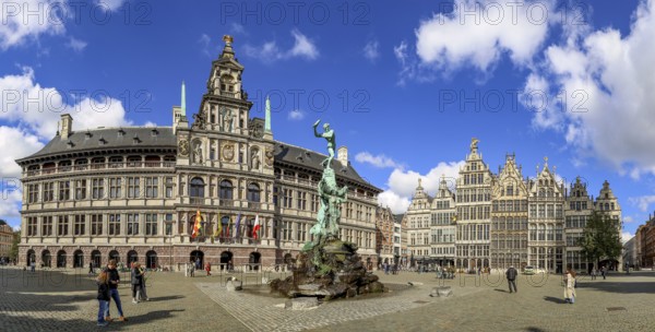 Panoramic photo of Antwerp City Hall (Stadhuis Antwerpen), the Brabo Fountain and the historic facades of the Guild Houses on the Grote Markt, Antwerp, Flanders, Belgium, Europe