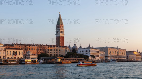 Morning light at sunrise, Doge's Palace and Campanile San Marco, panoramic view, Venice, Italy, Europe