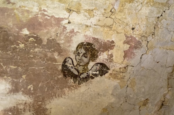 Ancient wall painting in the church of Andrei Stratelates in the Novgorod Kremlin, the head of an angel. Velikiy Novgorod, Russia, Europe