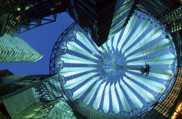 Roof of Sony Center by Helmut Jahn at night, Potsdamer Platz, Berlin-Tiergarten, Germany, Europe