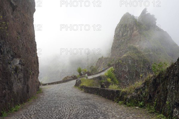 Old paved mountain road from Porto Novo to Ribeira Grande, Estrada de Corda (EN1-SA2) (formerly LBRA2), highlands of Santo Antao Island, Cape Verde Islands, Cape Verde, Africa