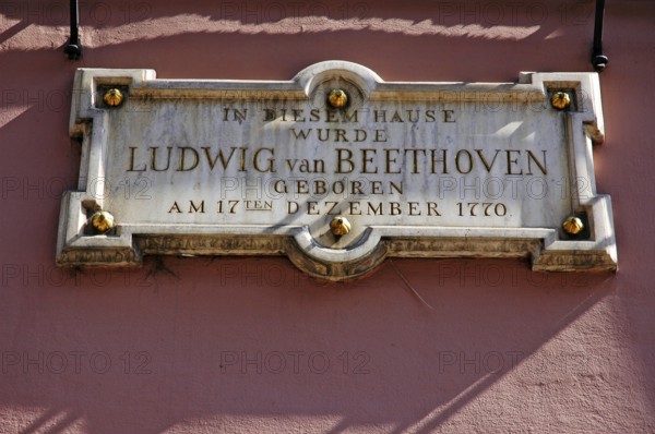 Sign at the Beethoven House, birthplace of Ludwig van Beethoven, Bonn, North Rhine-Westphalia, commemorative plaque, Germany, Europe