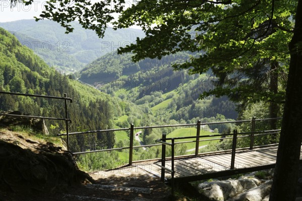 View from the Todtnau waterfall to the valley of the Stübenbach, high valley of Todtnauberg, Todtnauberger waterfall, Hangloch waterfall, Southern Black Forest, Upper Black Forest, Baden-Württemberg, Stübenbachtal, Germany, Europe