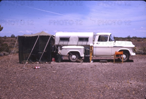 Camper, caravan, tent, 1950s, Florida or California, USA, North America
