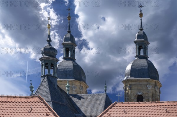 Bell towers of the parish and pilgrimage church of the Holy Trinity, basilica in Gößweinstein, Upper Franconia, Bavaria, Germany, Europe