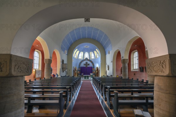 Interior with chancel of St Stephen's Church, Art Nouveau building with neo-Romanesque elements, built between 1908 and 1909, Adelsdorf, Middle Franconia, Bavaria, Germany, Europe