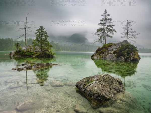 Hintersee under a cloudy rainy sky, Berchtesgaden National Park, Ramsau, Upper Bavaria, Bavaria, Germany, Europe