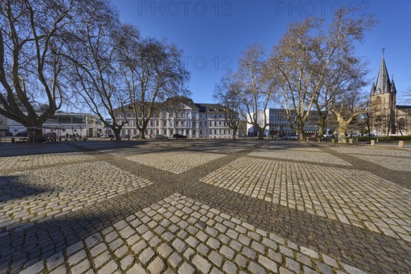 Comeniushaus, architect Friedrich Joachim Stengel, Baroque architectural style, Saar University of Fine Arts, historical buildings, church tower of St Jakob, square, bare trees, blue sky, cloudless, Ludwigplatz, Keplerstrasse, Saarbrücken, state capital, Saarbrücken Regional Association, Saarland, Germany, Europe