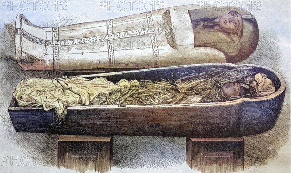 Mummy of the ancient Egyptian king Pharaoh Amenophis I, reigned from 1525 to about 1504 B.C., coloured wood engraving, reproduction from a model from about 1888, historical, Egyptian mummy in a sarcophagus, an artefact full of secrets