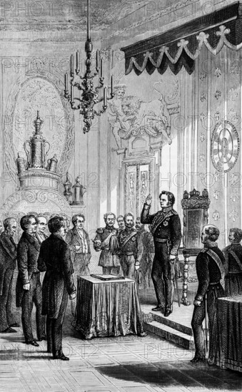 Frederick William IV takes the oath on the constitution, Emperor by the grace of God, rejection of the paper constitution, development of democracy, throne room in the imperial palace, delegates from Frankfurt, princes, Prussia, historical illustration 1884