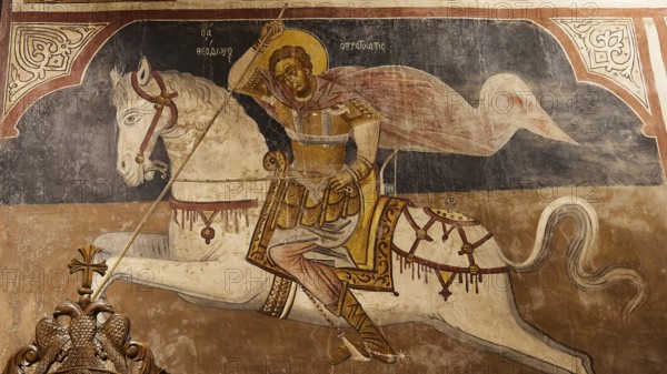 Religious depiction of an armoured rider on a white horse, Thari Monastery, Moni Thari, near Gadouras Reservoir, lonely mountain region, Rhodes, Dodecanese, Greek Islands, Greece, Europe