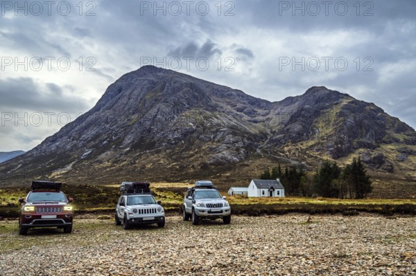 4x4 cars in Wee White House Glencoe, Glencoe, Scotland, United Kingdom, Europe