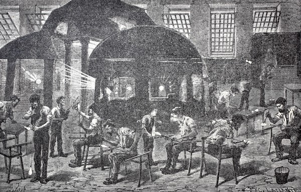 Workers in a glass factory around 1850, France, digitally enhanced reproduction of a 19th century model, historical, Europe