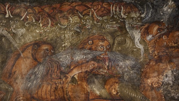 A mural shows grotesque, demonic creatures with grim faces in a menacing scene, Easter 2025, Church of the Dormition of the All-Holy God Bear, Kimisis tis Theotokou, Asklipio, Rhodes, Dodecanese, Greek Islands, Greece, Europe
