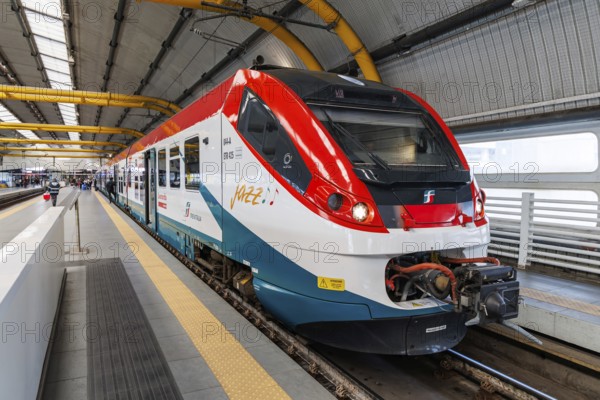Leonardo Express train of Trenitalia type Jazz Alstom Coradia Meridian at Roma Fiumicino Aeroporto station in Rome, Italy, Europe