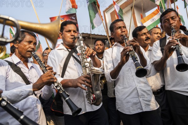 Band members play music as they take part in a rally, in soliderity with the Indian armed forces in Guwahati, India on 14 May 2025. A nationwide campaign Tiranga Yatra organized by the Bharatiya Janata Party (BJP) to honor the Indian armed forces' success in Operation Sindoor