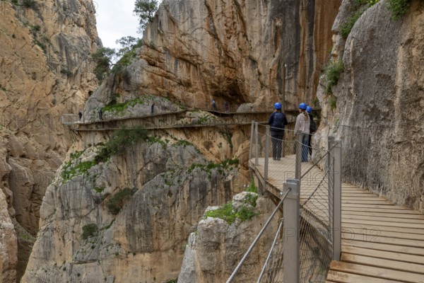 People with helmets walking on the wooden path Caminito del Rey along a rocky cliff, Malaga, Spain, Europe