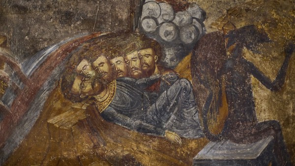 A fresco shows three crowned heads in a reclining pose next to a shadowy creature, Easter 2025, Church of the Dormition of the All-Holy God Bear, Kimisis tis Theotokou, Asklipio, Rhodes, Dodecanese, Greek Islands, Greece, Europe