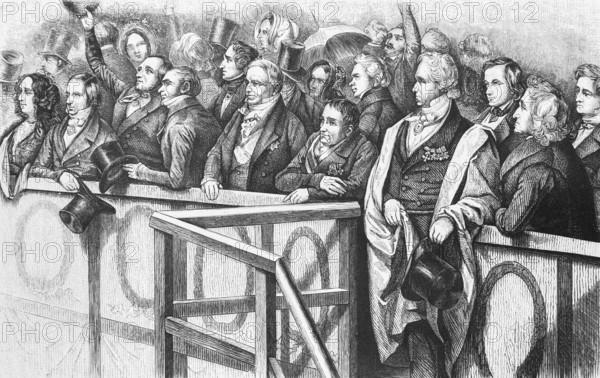 Homage to the new King Frederick William IV, Tribune in the first row, Henriette Paalzow, Peter von Cornelius, Diessenbach, Schönlein, Alexander von Humboldt, Ludwig Tieck, Karl Friedrich Schinkel, Christian Daniel Rauch, Brothers Grimm, Prussia, historical illustration 1884