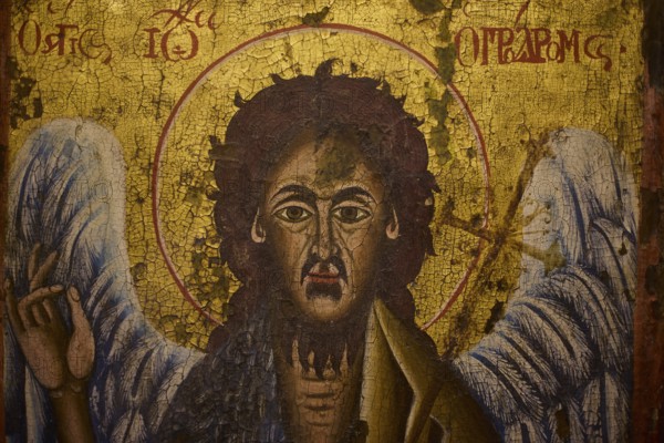 Detailed icon of a saint with golden elements and expressive painting, Museum of Icon Painting, Thari Monastery, Moni Thari, near Gadouras Reservoir, lonely mountain region, Rhodes, Dodecanese, Greek Islands, Greece, Europe