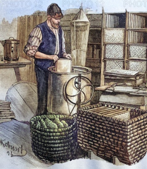 Beekeeper extracting honey, coloured wood engraving, reproduction of an original from ca 1888, Historical, A craftsman at work in a workshop filled with tools