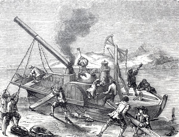 The people destroy the steamboat of Denis Papin (22 August 1647 to 26 August 1713), French physicist, mathematician and inventor, the paddlewheel boat was stopped by the Münden skippers' guild on 24 September 1707 in a dispute over passing rights and finally destroyed on 27 September, digitally enhanced reproduction of a 19th century model, historical