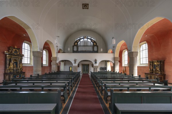 Interior with organ loft of St Stephen's Church, Art Nouveau building designed with neo-Romanesque components, built between 1908 and 1909, Adelsdorf, Middle Franconia, Bavaria, Germany, Europe