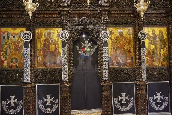 Altar wall, series of religious icons and symbols in graphic style with elaborate decorations, Holy Week, Bay of Panormitis, Panormitis Monastery, Symi, Dodecanese, Greek Islands, Greece, Europe
