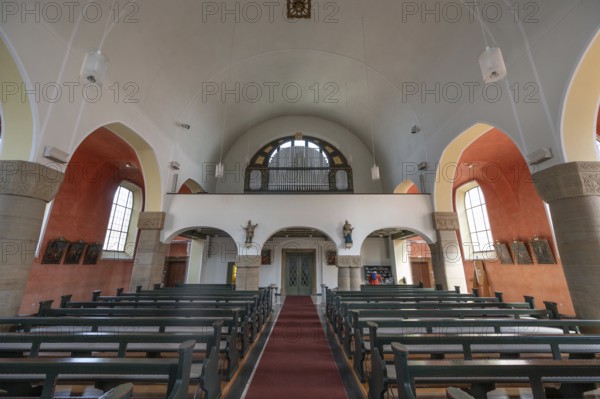 Interior with organ loft of St Stephen's Church, Art Nouveau building designed with neo-Romanesque components, built between 1908 and 1909, Adelsdorf, Middle Franconia, Bavaria, Germany, Europe