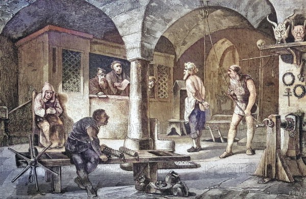 The extortion of a confession in the torture chamber, coloured wood engraving, reproduction of an original from ca 1888, Historical, Medieval scene in a cellar with torture instruments and prisoners