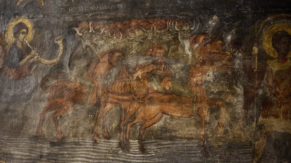 Fabulous creatures with horns and hooves appear in the fresco in an active and dynamic scene, Easter 2025, Church of the Dormition of the All-Holy God Bear, Kimisis tis Theotokou, Asklipio, Rhodes, Dodecanese, Greek Islands, Greece, Europe