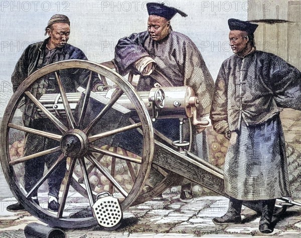 Artellerie personnel in China, coloured wood engraving, reproduction of a model from ca 1888, historical, Three soldiers in traditional uniforms operate an antique cannon. Historical scene