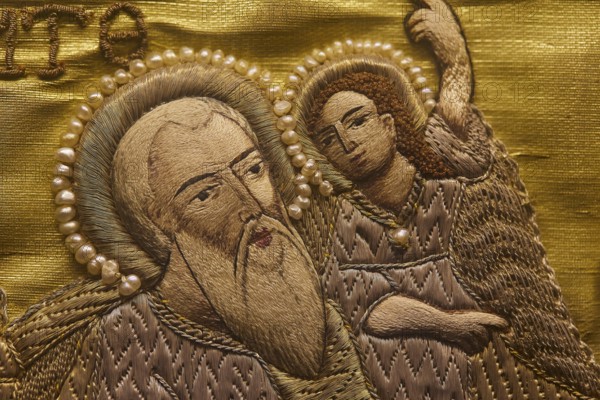 Detailed embroidery of a saint with pearl jewellery on golden fabric, Museum of Icon Painting, Thari Monastery, Moni Thari, near Gadouras Reservoir, lonely mountain region, Rhodes, Dodecanese, Greek Islands, Greece, Europe