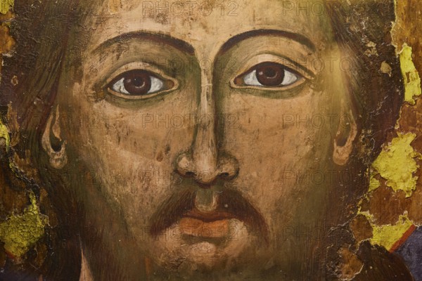 Close-up of a religious icon with the face of Jesus, Museum of Icon Painting, Monastery of Thari, Moni Thari, near Gadouras Reservoir, lonely mountain region, Rhodes, Dodecanese, Greek Islands, Greece, Europe