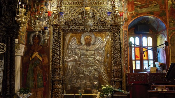 Archangel Michael, Detailed depiction of angel statues and icons, richly decorated in the church interior, Holy Week, Bay of Panormitis, Panormitis Monastery, Symi, Dodecanese, Greek Islands, Greece, Europe