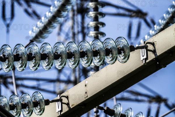 Transformer station, from Westnetz, here different voltage levels of electric current are connected, made usable for the consumer, glass insulators, electrical insulation and mechanical support for overhead lines, Essen, North Rhine-Westphalia, Germany, Europe