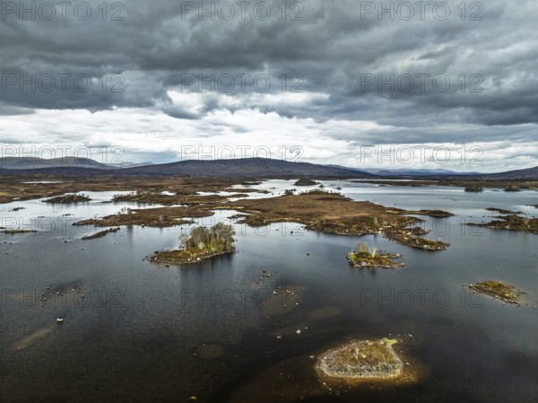 Rannoch Moor from a drone over Loch Ba and Loch of the Armpit, A82 Highland Way, Argyll and Bute, West Highlands, Scotland, United Kingdom, Europe
