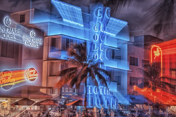 Ocean drive by night, South Beach, Miami, Florida, USA, North America