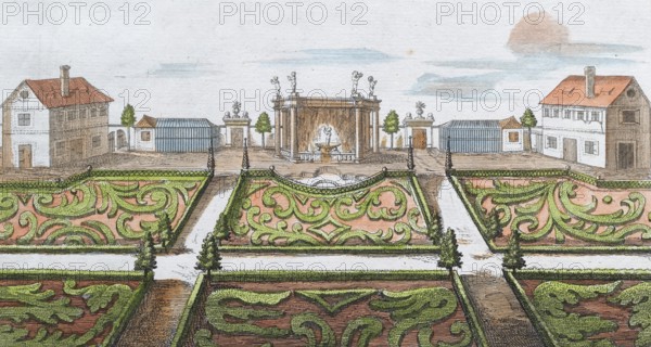 Baroque garden, detail, hand-coloured copper engraving or copper etching by Johann Christoph Volkamer or Volckamer, from Nürnbergische Hesperides oder gründliche Beschreibung der Edlen Citronat, Citronen, und Pomerantzen-Früchte, Nuremberg 1708, 1714