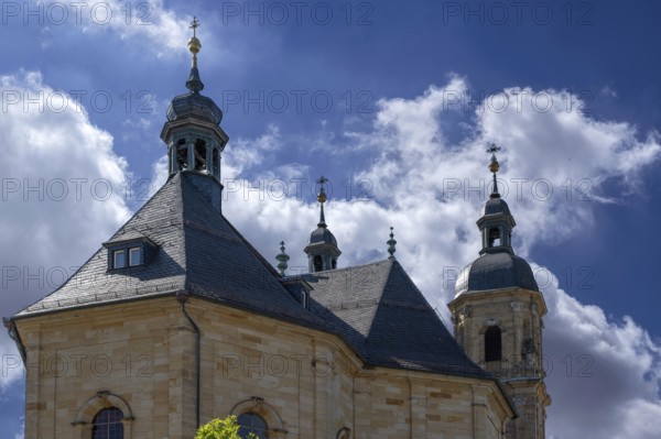 Bell towers of the parish and pilgrimage church of the Holy Trinity, basilica in Gößweinstein, Upper Franconia, Bavaria, Germany, Europe