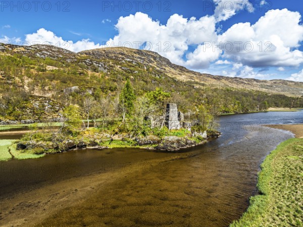 Loch Dochart and River Fillan from a drone, Highlands, Scotland, United Kingdom, Europe